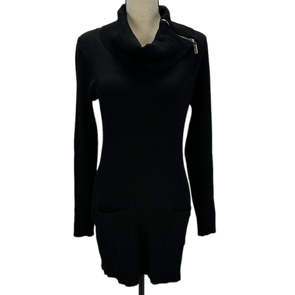 BCX Long Sleeve Zippered Cowl Neck Bodycon Long Sweater - Black - size Large